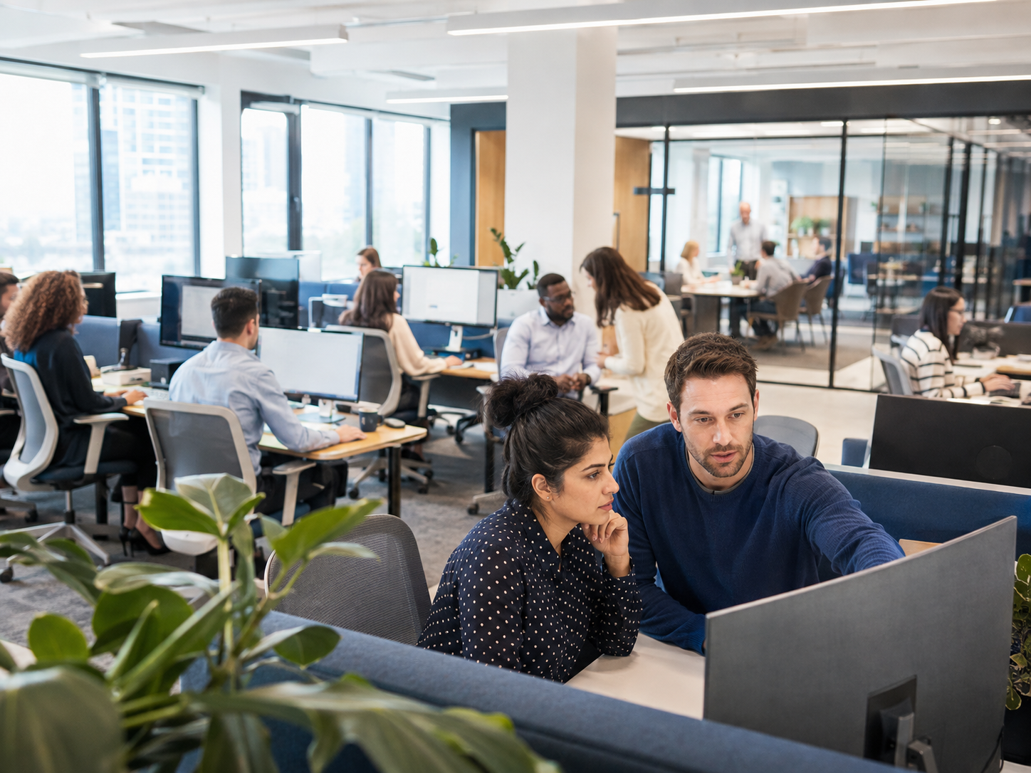 People collaborating in a busy open-plan office