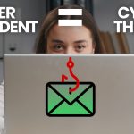 A person looks over a laptop with a #PhishingScam email icon on the screen. Text above reads OVER CONFIDENT = CYBER THREAT. A logo with a blue A and orange dot appears in the corner.