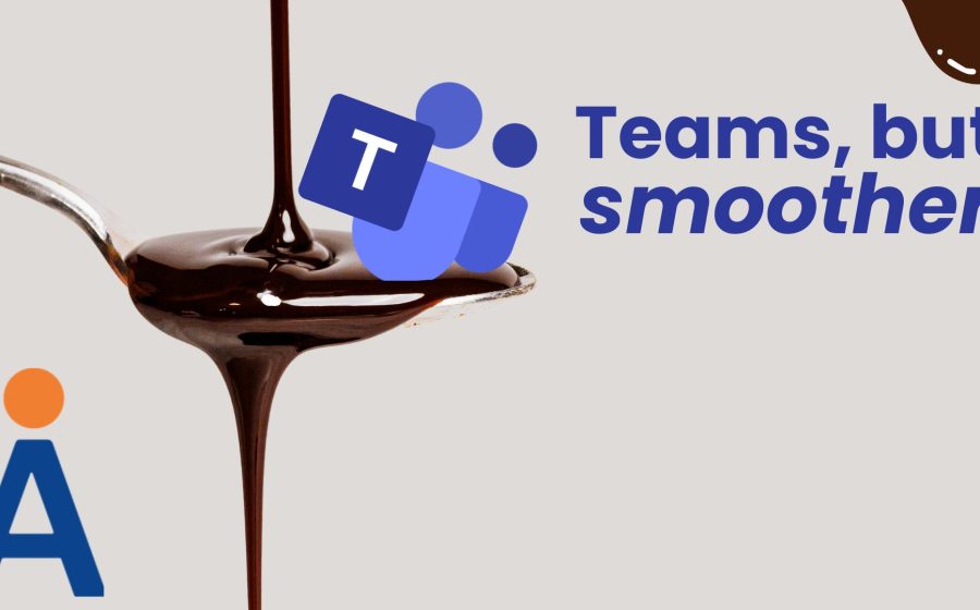A stream of melted chocolate pours onto a spoon. Over the spoon is a Microsoft Teams logo. Beside it, text reads, Teams, but smoother. At the bottom left is a stylized letter A with an orange dot.