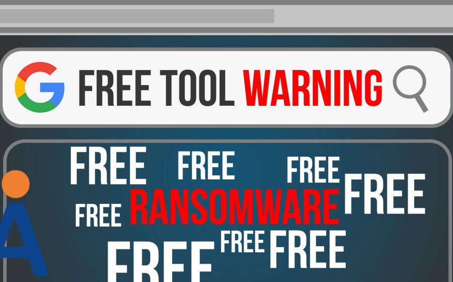 A browser search bar displays “FREE TOOL WARNING,” with the word “warning” in red. Below, the word “free” is repeated many times, with “RANSOMWARE” prominently in red among them, warning about free tool dangers.