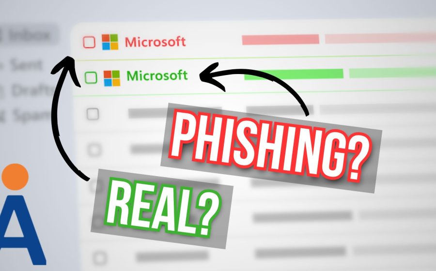The image shows two email messages claiming to be from Microsoft; one is labeled PHISHING? and the other REAL? with arrows pointing to each, suggesting comparison between a fake and a legitimate email.