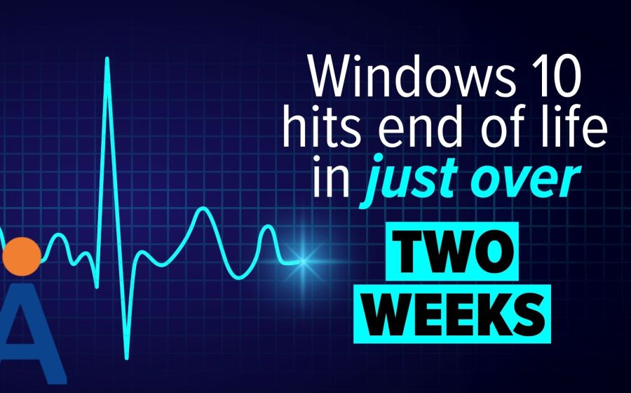 A digital graphic with a heartbeat line and the text Windows 10 hits end of life in just over TWO WEEKS on a dark grid background, highlighting windows 10 end of support, with an abstract logo in the lower left corner.