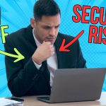 A man in a suit looks thoughtfully at a laptop. Text reads NEW STAFF with a green arrow pointing at him, and SECURITY RISK with a red arrow. The blue comic-style background highlights how new staff can present new cyber security risks. Logo with an orange dot in the corner.