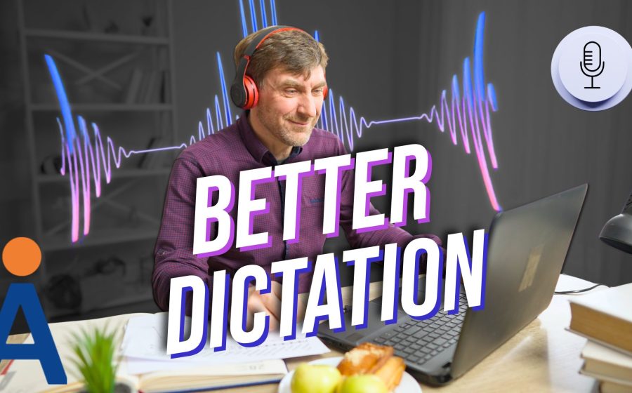 A man wearing headphones uses a laptop at a desk with papers and fruit, with sound wave graphics and the words BETTER DICTATION overlaid—showcasing smarter dictation in Windows 11. A microphone icon and stylized A logo are also visible.