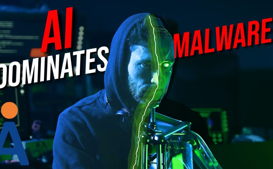 A man in a hoodie sits at a computer, his face split with a green digital effect. "AI DOMINATES MALWARE" appears, hinting that 80% of malware uses AI for cyberattacks. Computer code glows in the background.