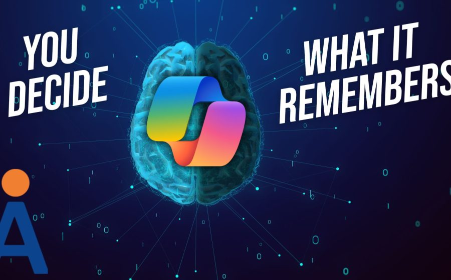 A stylized brain with a colorful, overlapping geometric logo in the center. The phrases YOU DECIDE and WHAT IT REMEMBERS appear on either side. You can now Copilot AI what you want to remember about you and your business. A large blue A with an orange dot is in the lower left.
