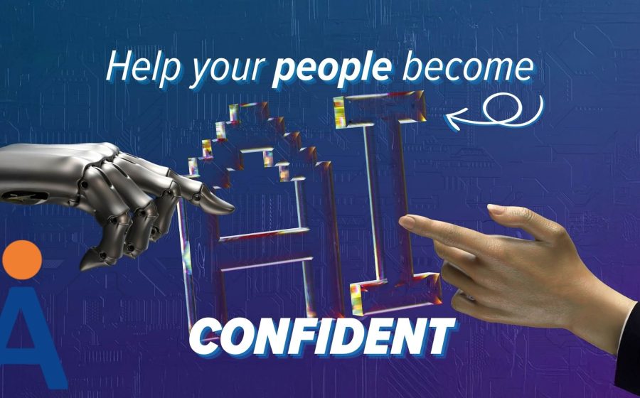 A robotic hand and a human hand point toward the letters AI with the text “Help your people become AI confident” on a blue background with a circuit pattern, highlighting how confidence in using it can affect AI adoption.