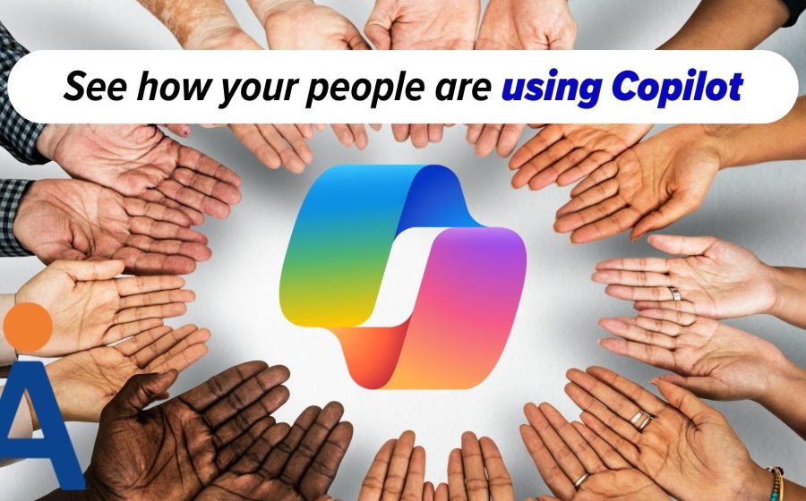 A diverse group of hands forms a circle around the Microsoft Copilot logo, with the text See how your people are using Copilot above. Discover if your team is using Copilot efficiently with Copilot Benchmark. A stylized letter A appears in the bottom left corner.