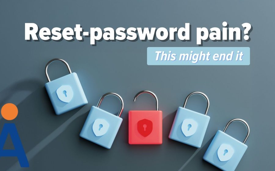 Five padlocks, four blue and one red, are arranged in a row. The text reads: Reset-password pain? This might end it. Help prevent password resets with Edge password sync. A stylized letter A logo appears in the bottom left corner.