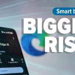 A smartphone screen displays the Microsoft Edge AI browser app. Large text reads BIGGER RISK. with Smart browser. above, and a blurred Edge logo in the background, urging users to be aware of important security considerations when rolling out AI_Browsers.