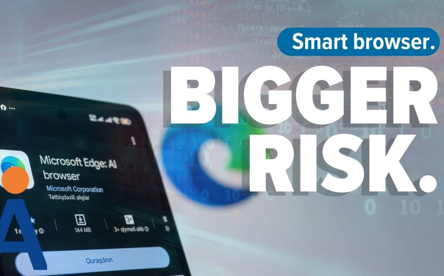 A smartphone screen displays the Microsoft Edge AI browser app. Large text reads BIGGER RISK. with Smart browser. above, and a blurred Edge logo in the background, urging users to be aware of important security considerations when rolling out AI_Browsers.