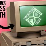 A vintage computer displays TECHNICAL DEBT with an hourglass symbol on its screen, highlighting how out-of-date hardware creates business risk and slows your business down. Text reads THIS SLOWS BUSINESS GROWTH, with a stylized A logo in the corner.
