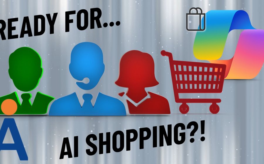 Graphic showing three colored silhouettes (green, blue with headset, red), a large shopping cart, a bright abstract logo, and text Ready for… AI Shopping?! on a gray background—highlighting the risks of using AI for shopping.