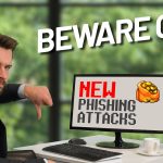 A man in a suit points at a computer monitor displaying the words NEW, NEXT GENERATION ADAPTIVE PHISHING ATTACKS beside a coin bag icon, with BEWARE OF... above him. A large letter A logo appears in the bottom left corner.