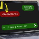 A laptop screen shows AI with an arrow pointing to a red password, hinting at why AI generated passwords may not be secure. A green Generate password button and a speech bubble saying, I dont trust it! appear, plus an abstract logo in the corner.