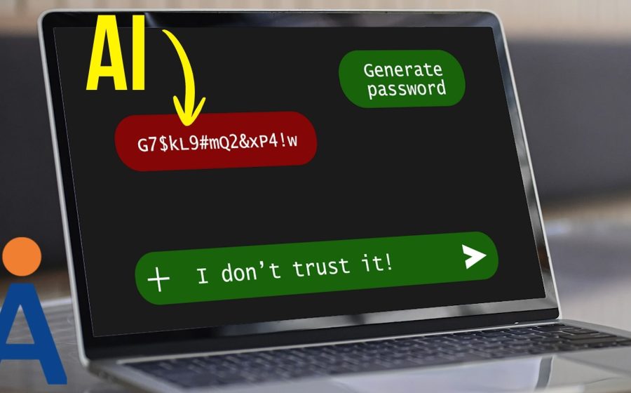 A laptop screen shows AI with an arrow pointing to a red password, hinting at why AI generated passwords may not be secure. A green Generate password button and a speech bubble saying, I dont trust it! appear, plus an abstract logo in the corner.