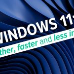 White and turquoise text over a flowing blue abstract background reads, “WINDOWS 11: Smoother, faster and less irritating.” An orange dot above a stylized “A” appears in the bottom right, highlighting new Windows 11 updates focused on speed and real productivity gains.